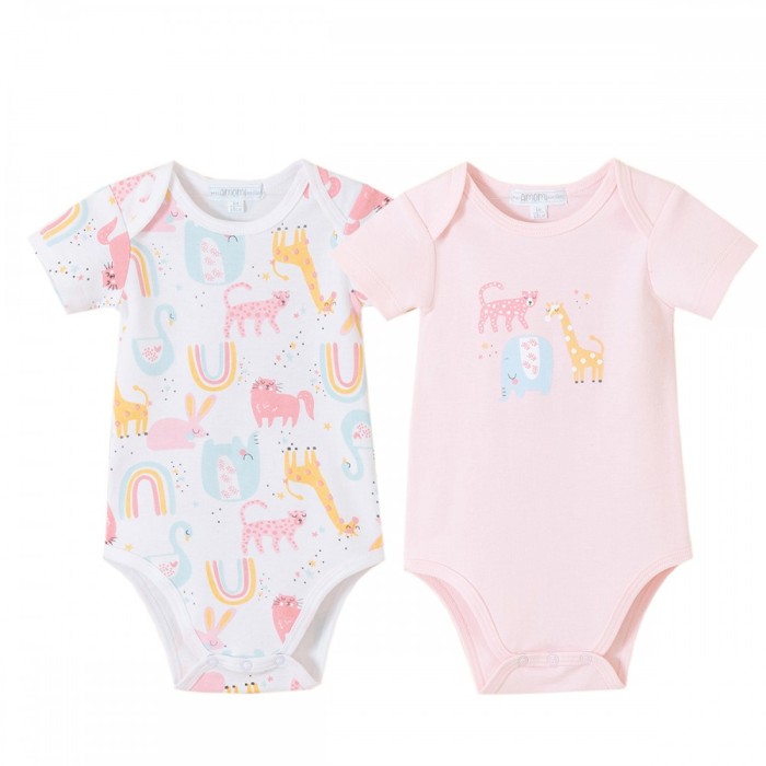 Amomi Βρεφικά Κορμάκια Κοντομάνικα Σε Διαφορετικά Σχέδια Σετ 2τμχ Καμηλοπάρδαλη