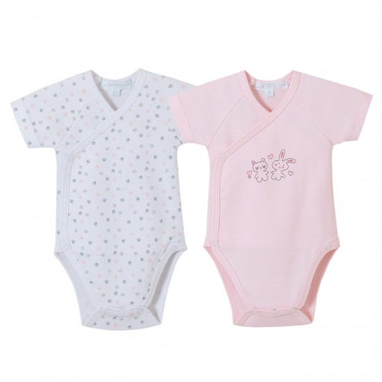 Σετ 2τμχ Βρεφικά Κορμάκια Κοντομάνικα Ροζ- Λευκό Amomi