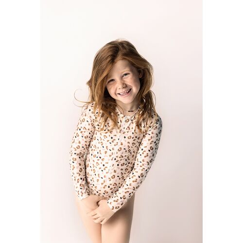 Swim Essentials Ολόσωμο μαγιό με μακριά μανίκια "Offwhite Kahki Leopard"