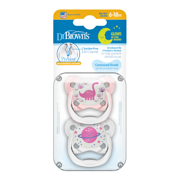 Dr Brown Ορθοδοντικές Πιπίλες Σιλικόνης PreVent Night 6-18m Ροζ/Γκρι Dr Brown Ορθοδοντικές Πιπίλες Σιλικόνης PreVent Night 6-18m Ροζ/Γκρι