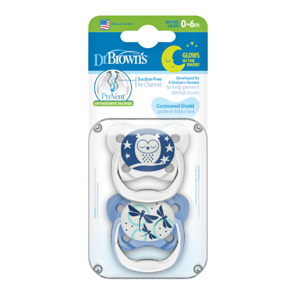 Dr Brown Ορθοδοντικές Πιπίλες Σιλικόνης Πεταλούδα PreVent Night 0-6m Μπλε/Γκρι Dr Brown Ορθοδοντικές Πιπίλες Σιλικόνης Πεταλούδα PreVent Night 0-6m Μπλε/Γκρι