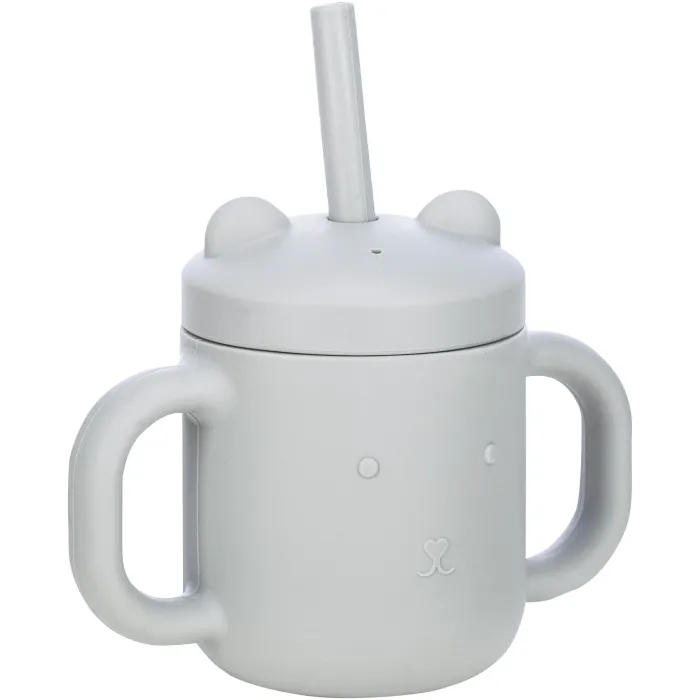 FreeOn Παιδικό Ποτηράκι Με Λαβές Και Καλαμάκι Από Σιλικόνη Γκρι 175ml για 6m+