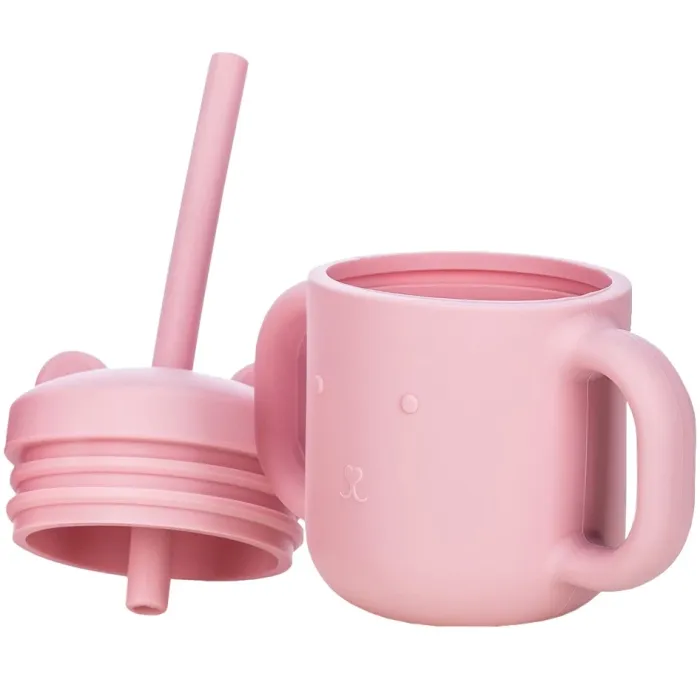 FreeOn Παιδικό Ποτηράκι Με Λαβές Και Καλαμάκι Από Σιλικόνη Ροζ 175ml για 6m+