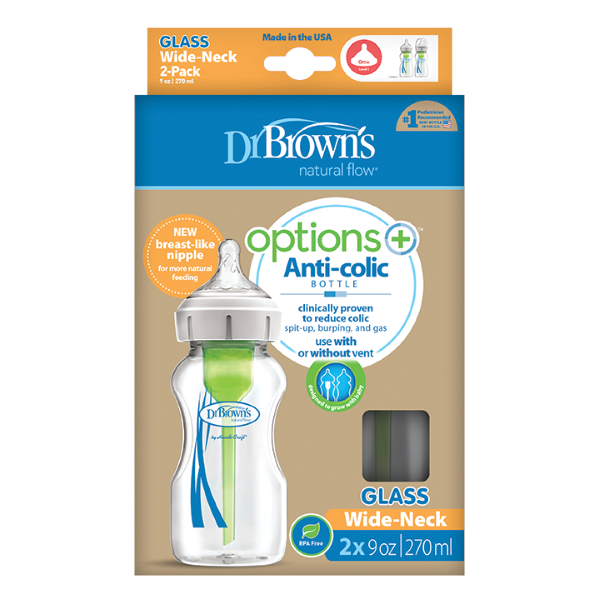 Γυάλινο Μπιμπερό 270ml με Φαρδύ Λαιμό Options+ & Θηλή Σιλικόνης Dr. Brown's 2τμχ