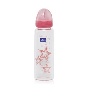 Γυάλινο Μπιμπερό Anti-colic Ροζ Αστεράκια 0m+ 240ml Lorelli