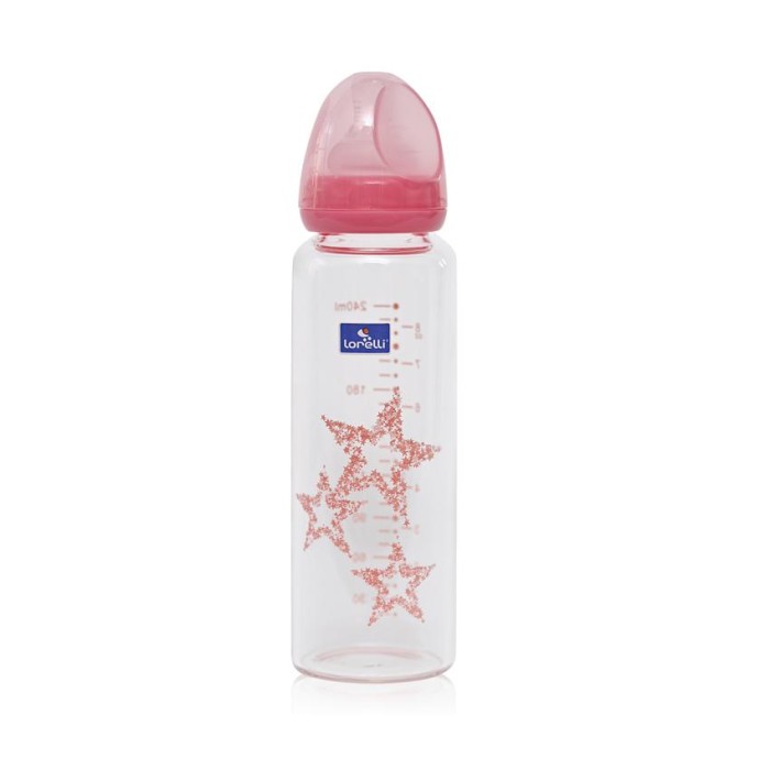 Γυάλινο Μπιμπερό Anti-colic Ροζ Αστεράκια 0m+ 240ml Lorelli