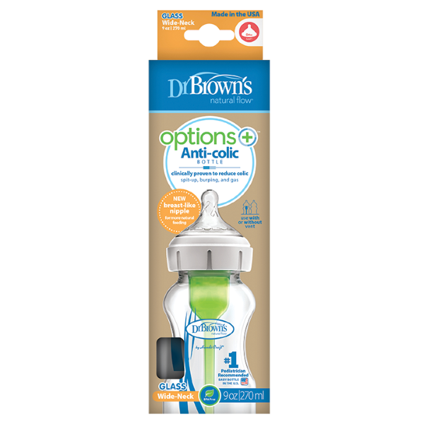 Γυάλινο Μπιμπερό με Φαρδύ Λαιμό Options+ & Θηλή Σιλικόνης 270ml Dr. Brown's