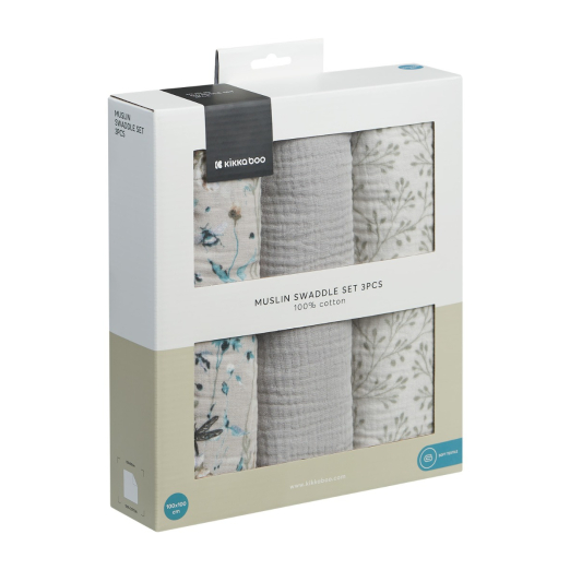 Kikka Boo Πάνες Αγκαλιάς Από Μουσελίνα 100x100εκ. 3τμχ Dreamy Fields Grey