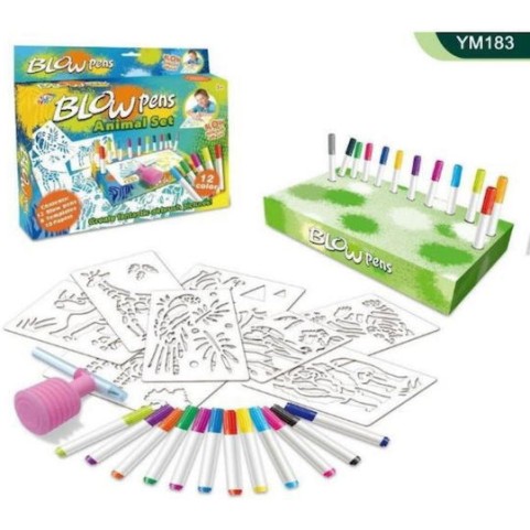 Μαρκαδόροι  Spray Ζωγραφικής Blow Pens με Πλακέτες Σχεδίων Ζωάκια