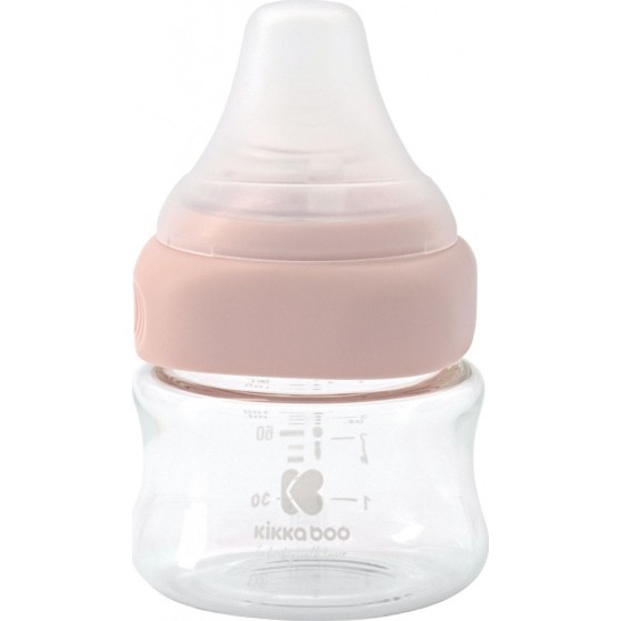 Mπιμπερό Γυάλινο Με Ασύμμετρη Θηλή Σιλικόνης 100ml Ρόζ Kikka Boo