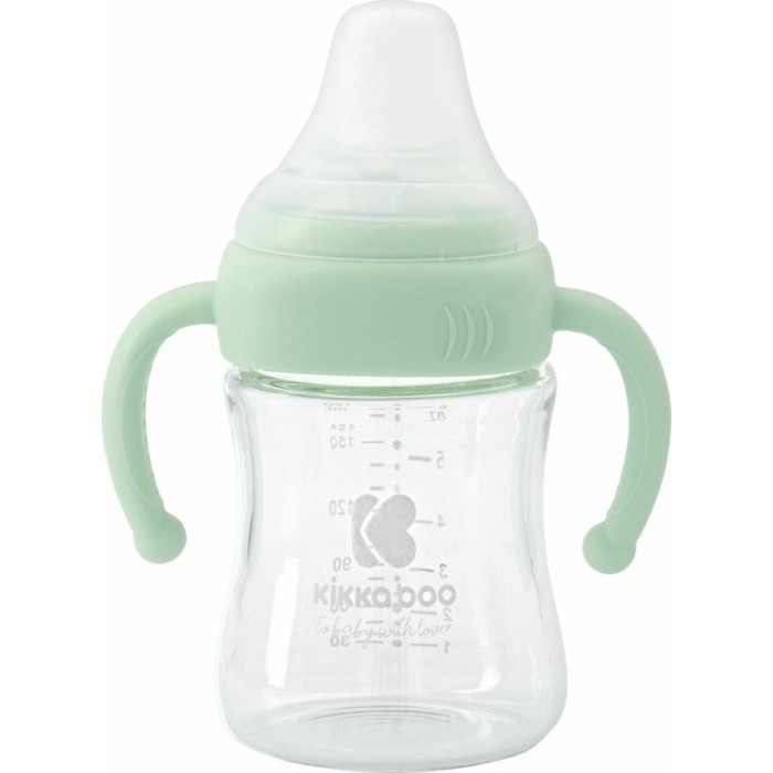 Μπιμπερό Γυάλινο Με Ασύμμετρη Θηλή Σιλικόνης Και Χειρολαβές 180ml Μέντα Kikka Boo