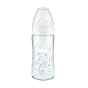 Μπιμπερό Γυάλινο Nuk First Choice Temperature Control Με Θηλή Σιλικόνης 0-6m 240ml Λευκά Αστεράκια