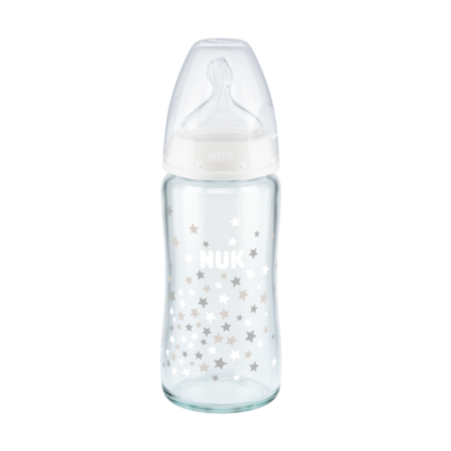 Μπιμπερό Γυάλινο Nuk First Choice Temperature Control Με Θηλή Σιλικόνης 0-6m 240ml Λευκά Αστεράκια
