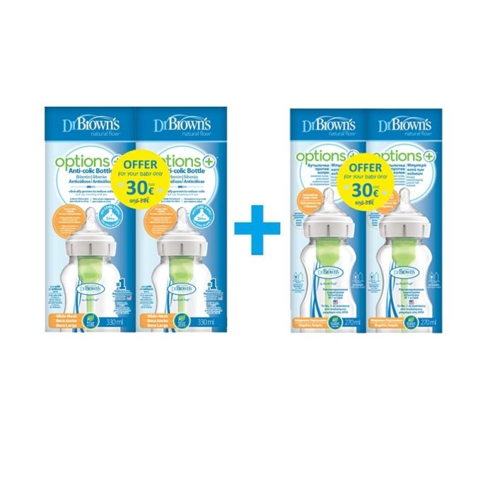 Πλαστικά Μπιμπερό Natural Flow Options+ με Φαρδύ Λαιμό 2x270ml & 2x330ml Dr Brown's