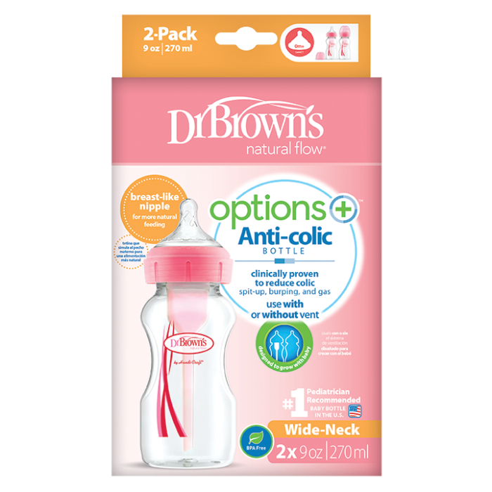 Πλαστικό Μπιμπερό με Φαρδύ Λαιμό Options+ & Θηλή Σιλικόνης Ροζ 2τμχ 270ml Dr. Brown's